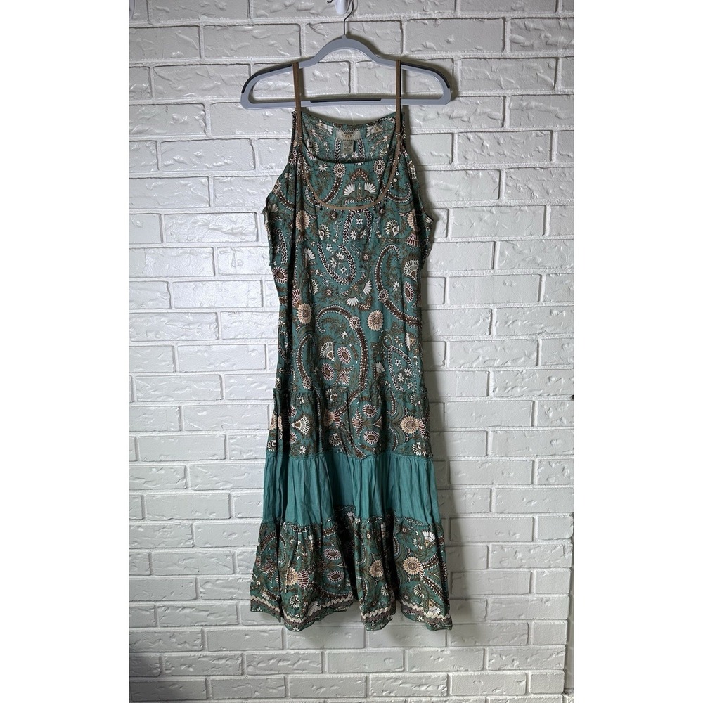 Vasna XL Boho‎ Festival Paisley Midi Dress Teal Brown Beaded Straps Cotton India